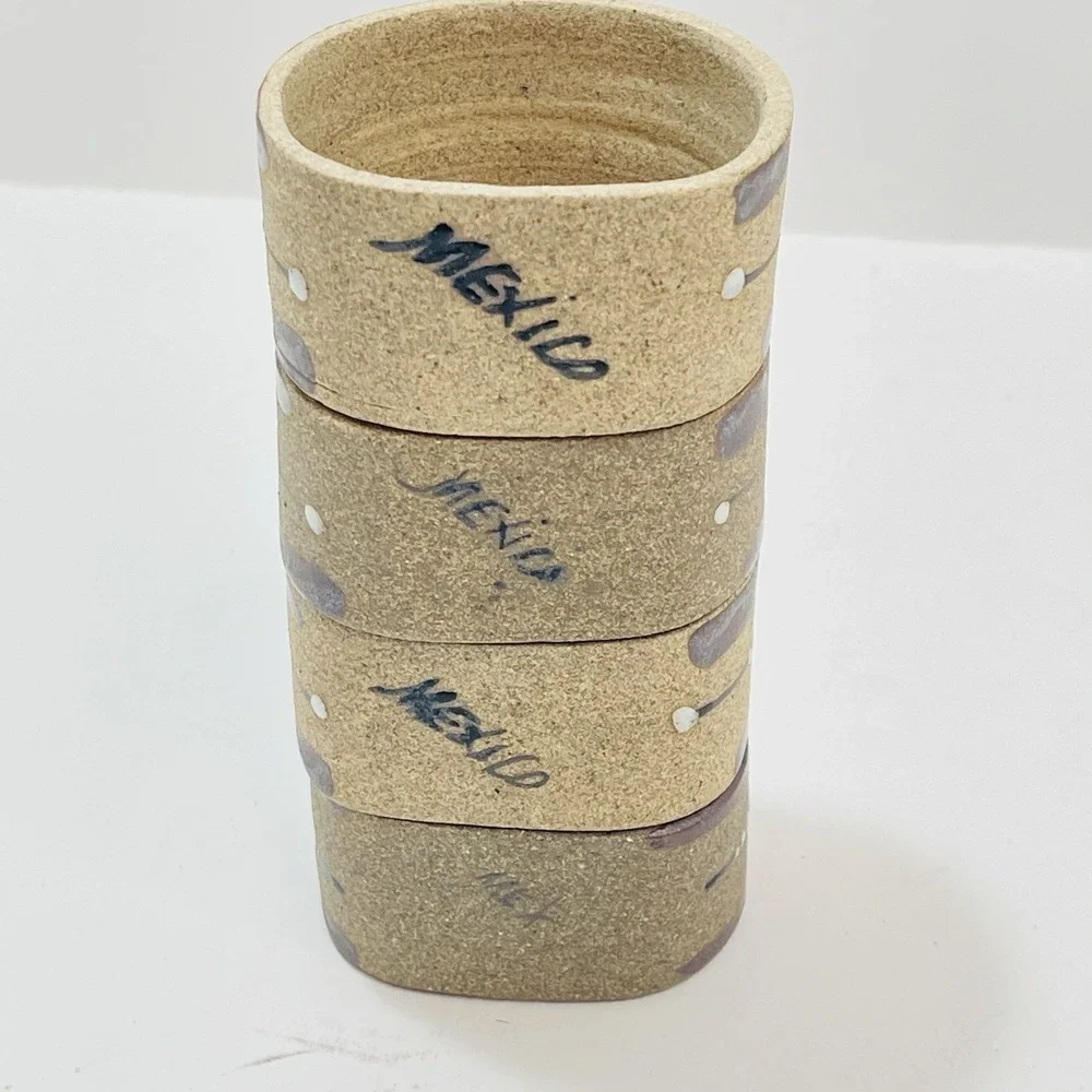 Mexican Tonala Pottery Napkin Rings Flower Rust Green Leaves  - Set‎ of 4